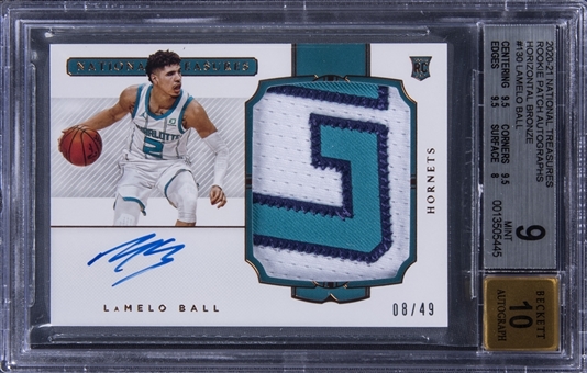 2020-21 Panini National Treasures Rookie Patch Autographs Horizontal Bronze #130 LaMelo Ball Signed Patch Rookie Card (#08/49) - BGS MINT 9/BGS 10
